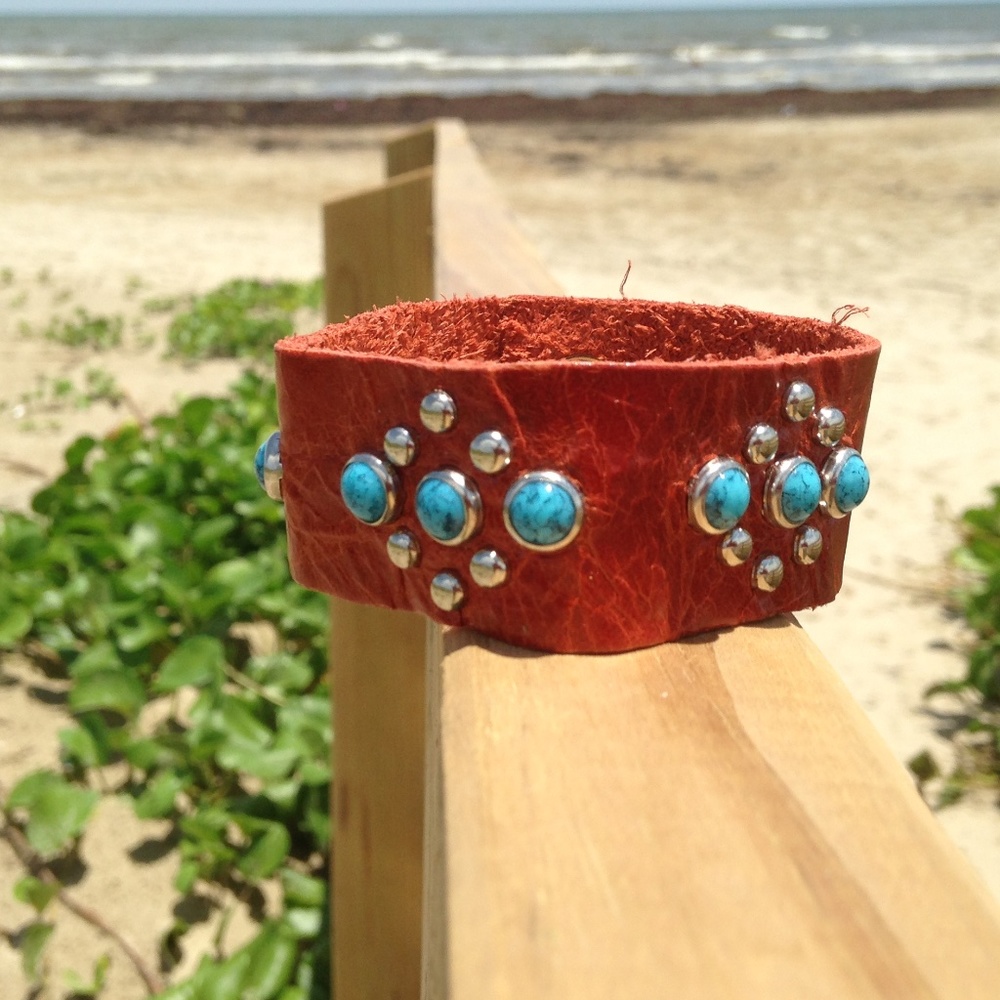 Turquoise Stone on Tan Leather Handcrafted Bracelet